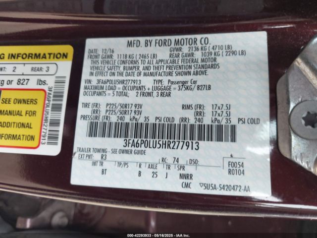 3FA6P0LU5HR277913 Ford Fusion Hybrid Se
