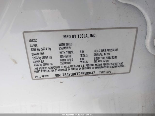 7SAYGDEE2PF589447 Tesla Model Y Awd/long Range Dual Motor All-wheel Drive