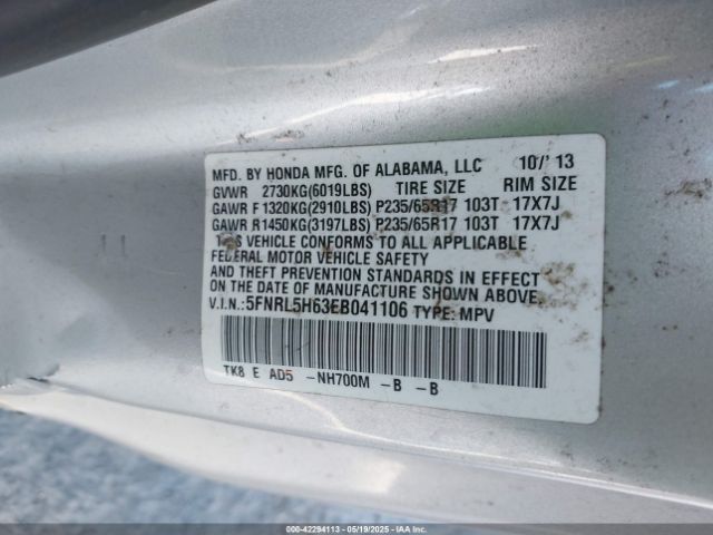 5FNRL5H63EB041106 Honda Odyssey Ex-l
