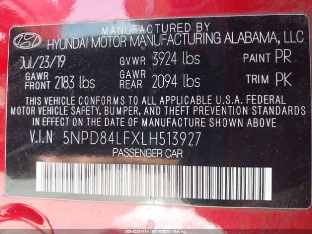 5NPD84LFXLH513927 Hyundai ELANTRA SEL