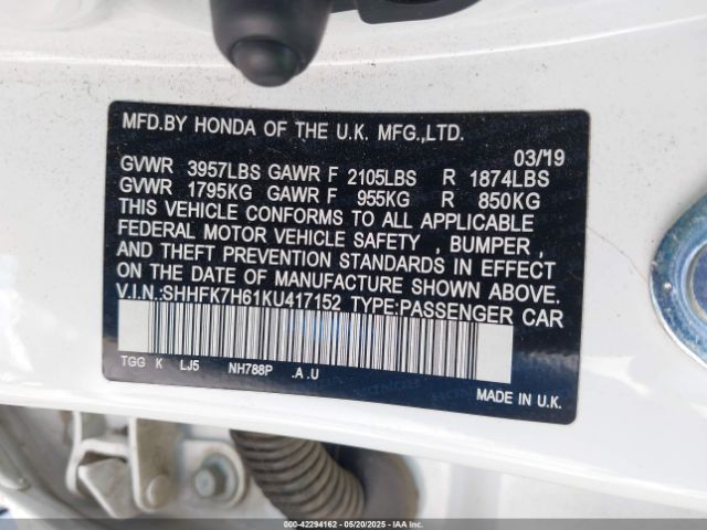 SHHFK7H61KU417152 Honda CIVIC EX