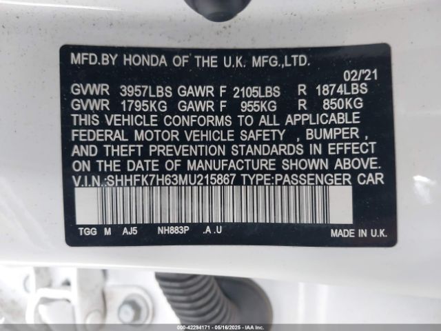 2021 HONDA CIVIC SHHFK7H63MU215867 Photo 8