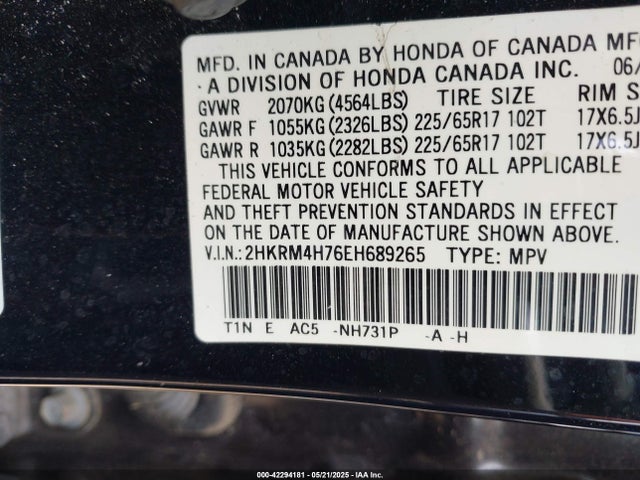 2HKRM4H76EH689265 Honda Cr-v Ex-l