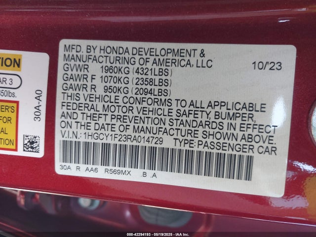 1HGCY1F23RA014729 Honda ACCORD LX