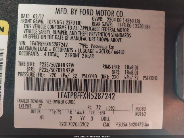 1FATP8FFXH5287242 Ford 5.0l 4v premium fuel
