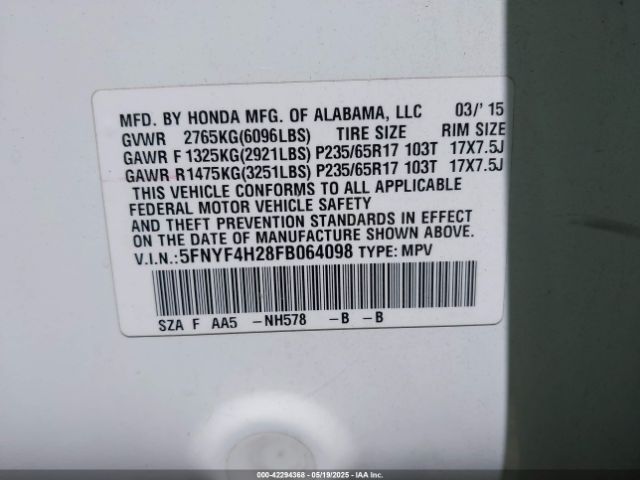 5FNYF4H28FB064098 Honda PILOT LX