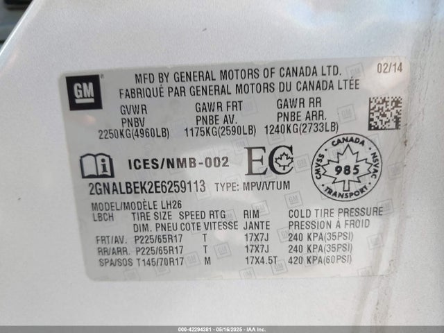 2GNALBEK2E6259113 Chevrolet lea - flex fuel (gas/alc), aluminum, high output