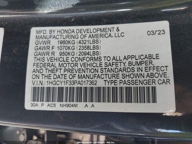 1HGCY1F33PA017362 Honda l15be