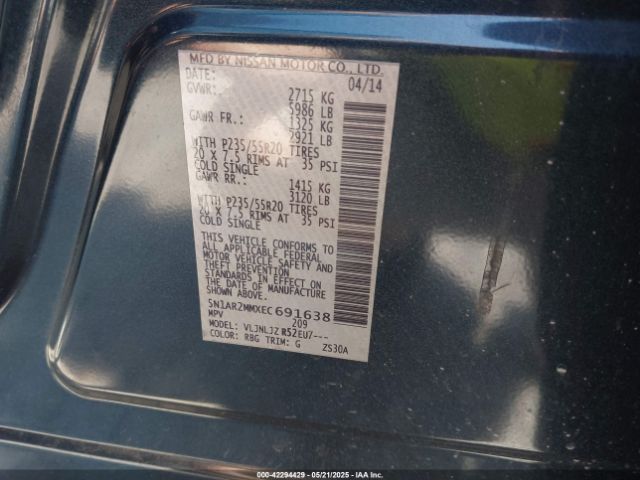 5N1AR2MMXEC691638 Nissan Pathfinder Platinum