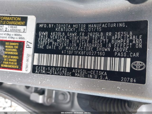 2015 TOYOTA CAMRY 4T1BF1FK8FU027160 Photo 8