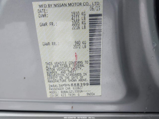 1N4AL3AP9FN888399 Nissan Altima 2.5/2.5 S/2.5 Sl/2.5 Sv