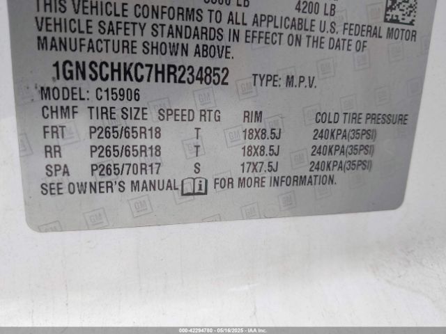 1GNSCHKC7HR234852 Chevrolet Suburban Lt