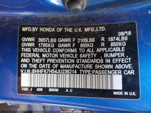 SHHFK7H54JU236214 Honda CIVIC EX