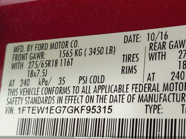 1FTEW1EG7GKF95315 Ford F-150 Xlt