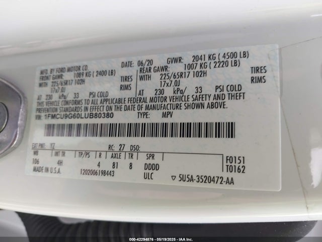 1FMCU9G60LUB80380 Ford ESCAPE SE