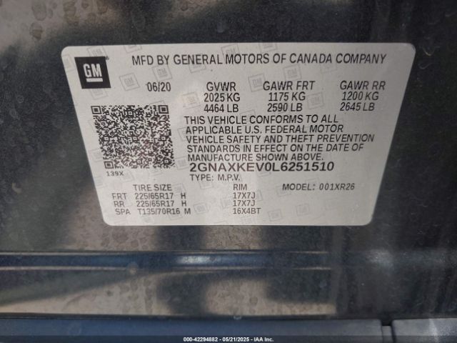2GNAXKEV0L6251510 Chevrolet Equinox Fwd Lt 1.5l Turbo