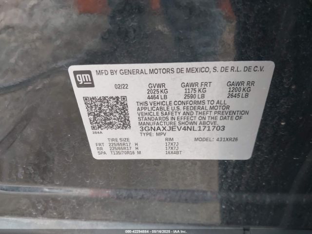 3GNAXJEV4NL171703 Chevrolet Equinox Fwd 2fl
