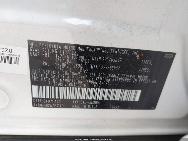 4T3RWRFV1RU133016 Toyota Rav4 Hybrid Xle