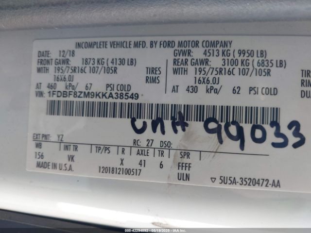 1FDBF8ZM9KKA38549 Ford Transit-350 Cab