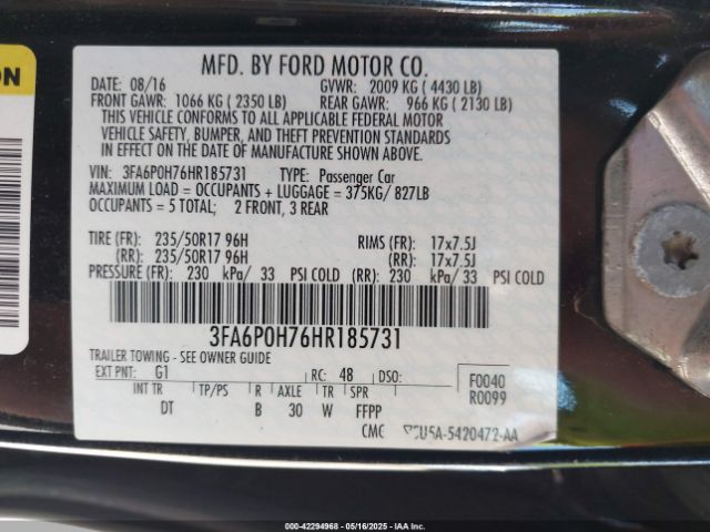 2017 FORD FUSION 3FA6P0H76HR185731 Photo 8