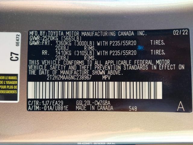 2T2HZMAA6NC238967 Lexus RX 350