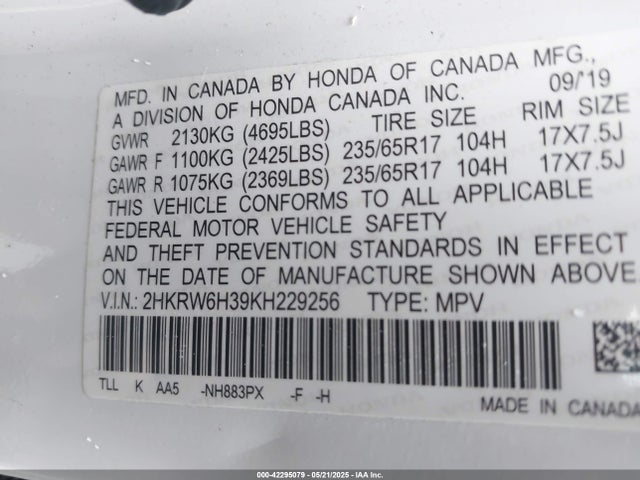 2HKRW6H39KH229256 Honda CR-V LX