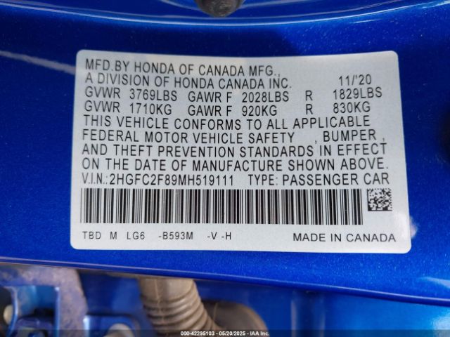 2HGFC2F89MH519111 Honda Civic Sport