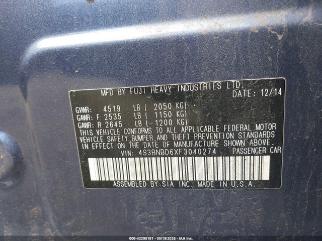 Subaru 2.5l u6 2015 4S3BNBD6XF3040274 Image 9