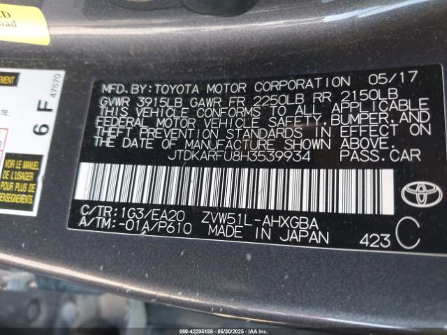2017 TOYOTA PRIUS JTDKARFU8H3539934 Photo 8