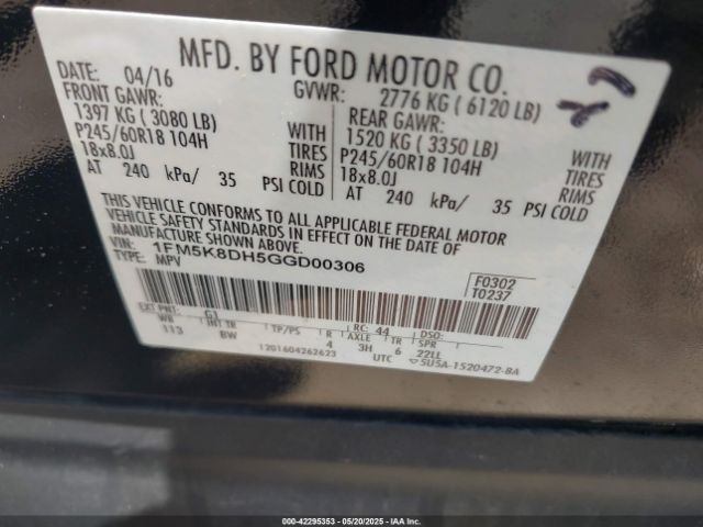 1FM5K8DH5GGD00306 Ford EXPLORER XLT