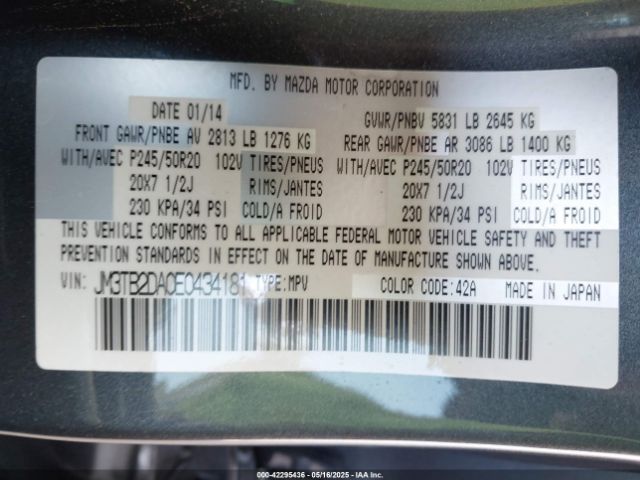 JM3TB2DA0E0434181 Mazda Cx-9 Grand Touring
