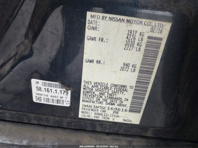 1N4AL3AP5GC169616 Nissan Altima 2.5/2.5 S/2.5 Sl/2.5 Sr/2.5 Sv