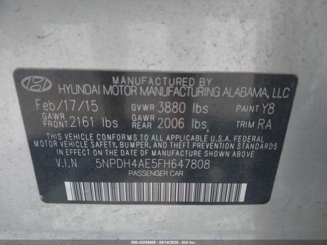 5NPDH4AE5FH647808 Hyundai ELANTRA SE
