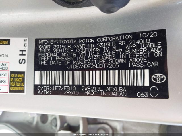 JTDEAMDE2MJ017205 Toyota Corolla Hybrid Le