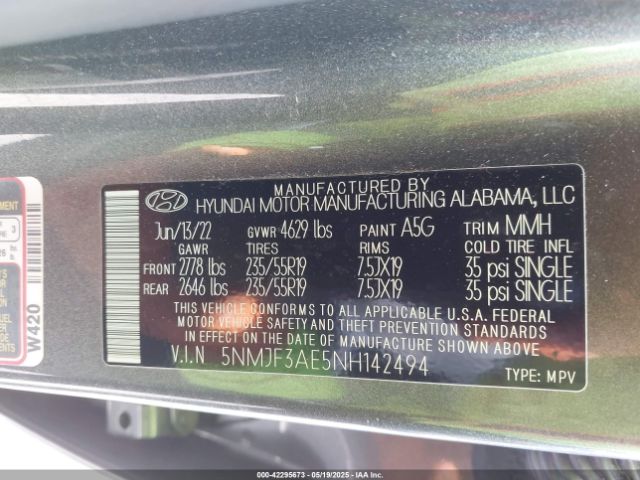 5NMJF3AE5NH142494 Hyundai TUCSON SEL
