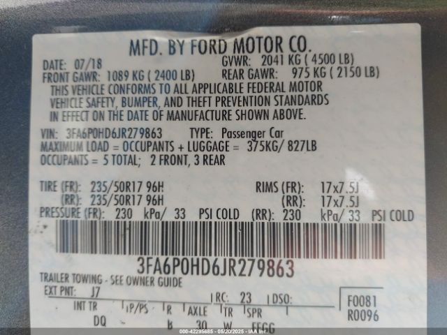 3FA6P0HD6JR279863 Ford FUSION SE