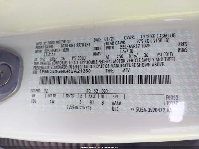 1FMCU0GN6RUA21360 Ford Escape Active