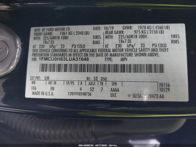 1FMCU0H63LUA31648 Ford Escape