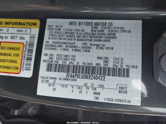 Ford Fusion 2019 3FA6P0LU0KR240422 Image 9
