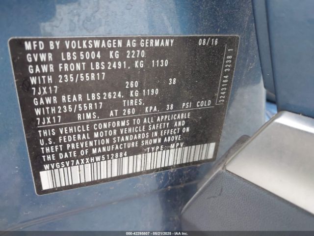 WVGSV7AXXHW512884 Volkswagen Tiguan 2.0t Wolfsburg Edition
