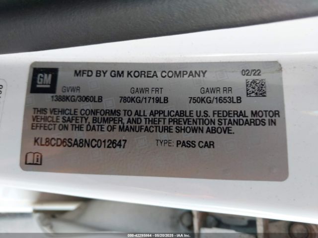 KL8CD6SA8NC012647 Chevrolet Spark Fwd 1lt Automatic