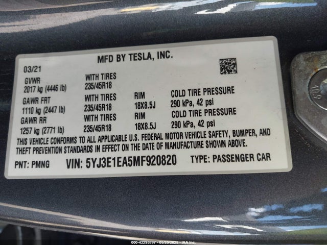 2021 TESLA MODEL 3 5YJ3E1EA5MF920820 Photo 8