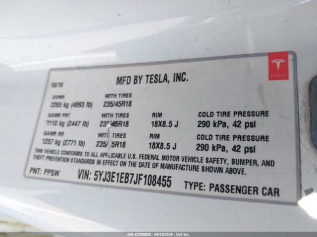 5YJ3E1EB7JF108455 Tesla Model 3 Long Range/performance