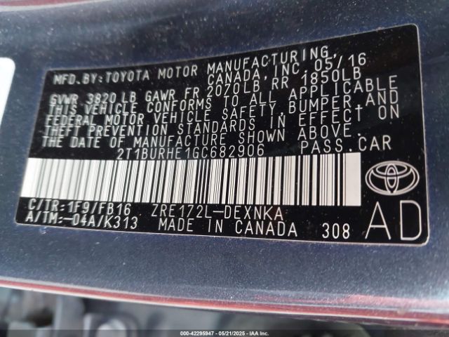 2T1BURHE1GC682906 Toyota COROLLA LE