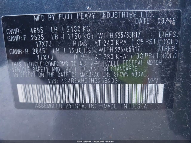 4S4BSAHC1H3269203 Subaru Outback 2.5i Premium