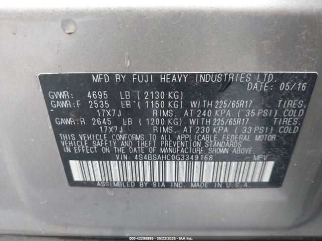 4S4BSAHC0G3349168 Subaru Outback 2.5i Premium