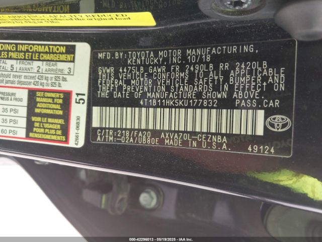 2019 TOYOTA CAMRY 4T1B11HK5KU177832 Photo 8