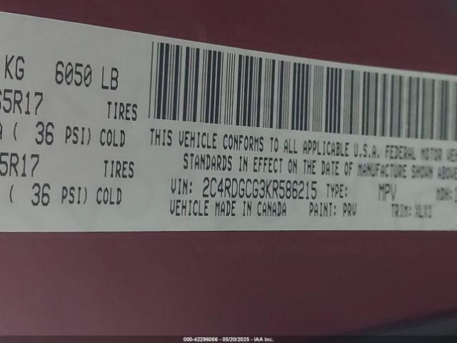 2C4RDGCG3KR586215 Dodge Grand Caravan Sxt