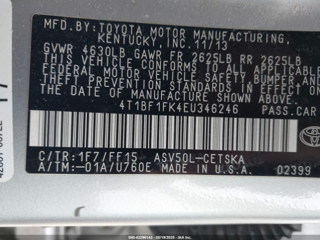 4T1BF1FK4EU346246 Toyota Camry L/le/se/se Sport/xle