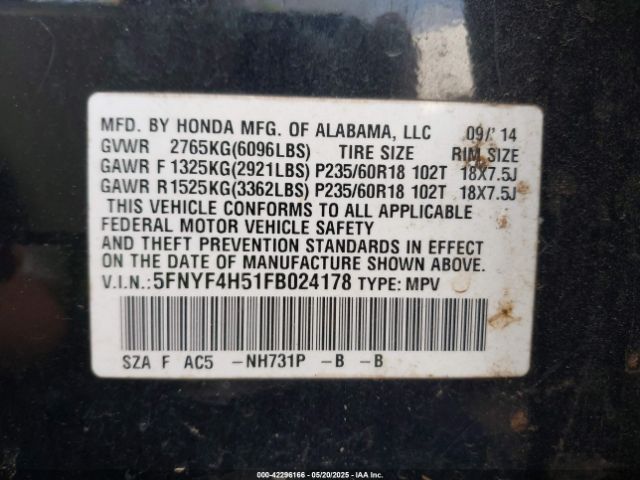 5FNYF4H51FB024178 Honda Pilot Ex-l
